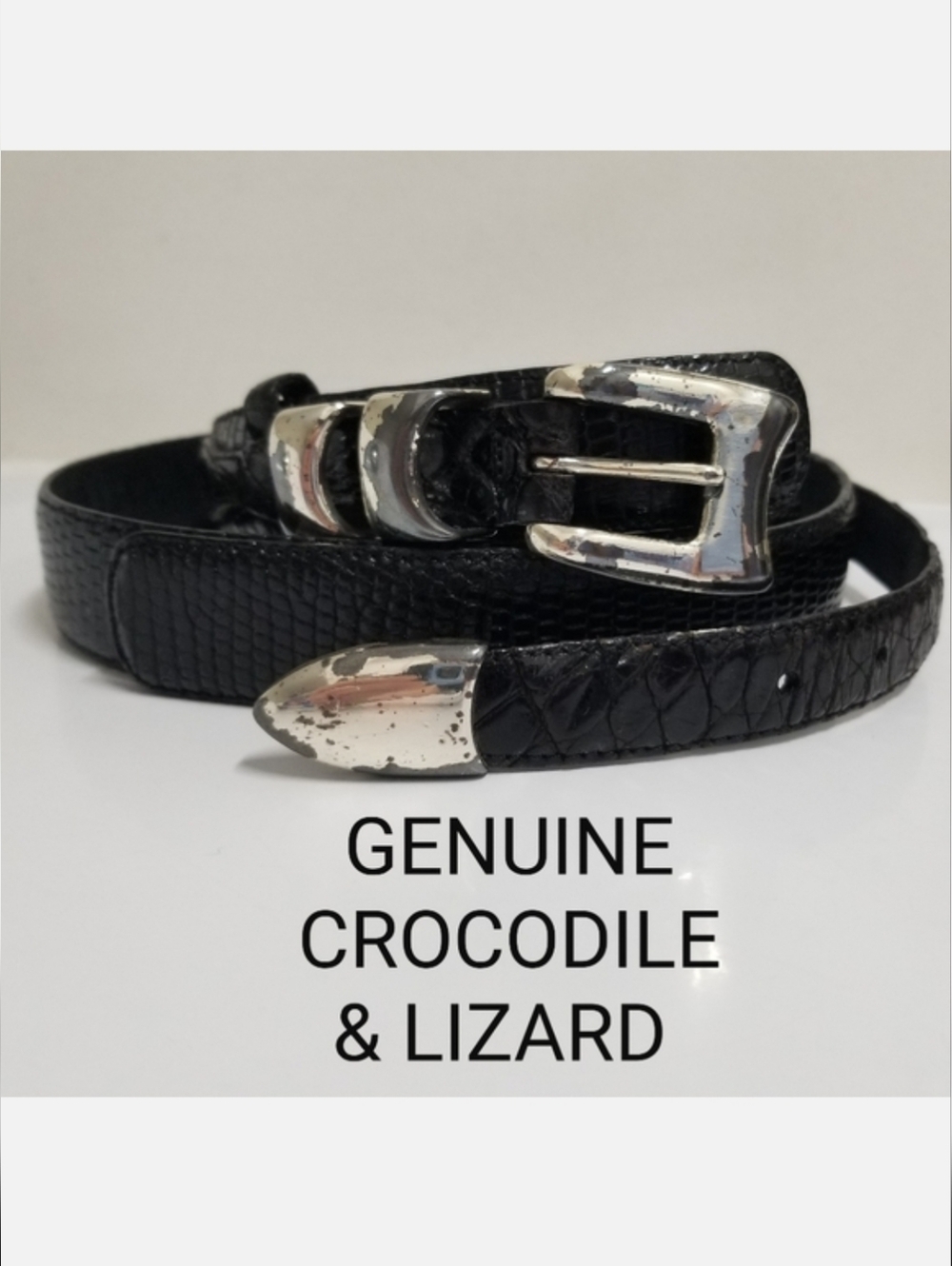 SANTORO Genuine Crocodile & Lizard Belt Burnished Metal Buckle Made in Spain 38